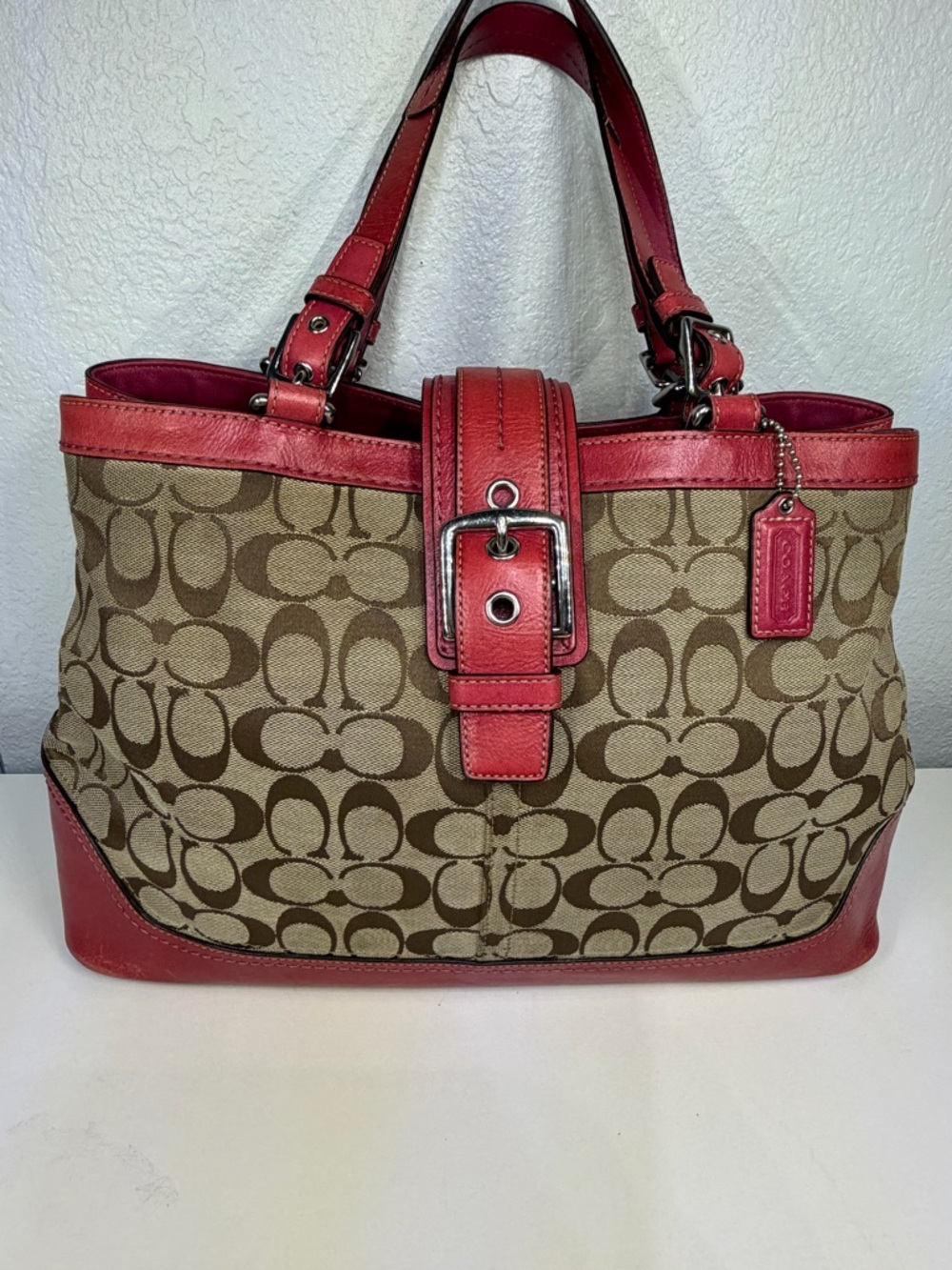 Vintage Coach Hampton Canvas & Pink colored Leather Shoulder Bag!